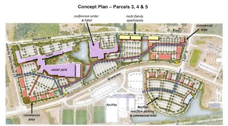 A concept plan recently approved with zoning changes shows the proposed layout of most of The Grand Experience planned hotel, entertainment, commercial and residential complex in West Des Moines along Grand Avenue.